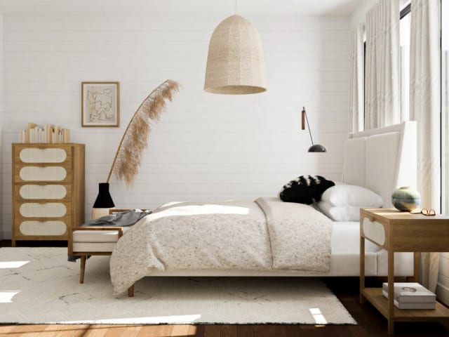 Scandinavian styled bedroom with large oversized fern in Melbourne